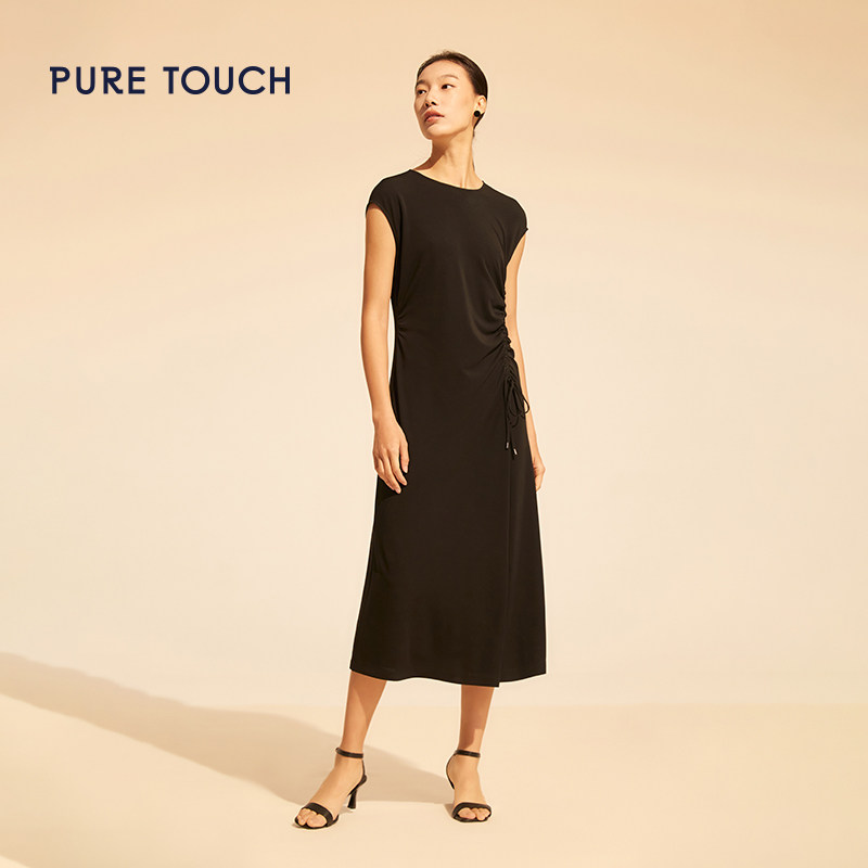 pure touch女士黑色修身短袖连衣裙设计感小众显瘦中长款裙子夏季