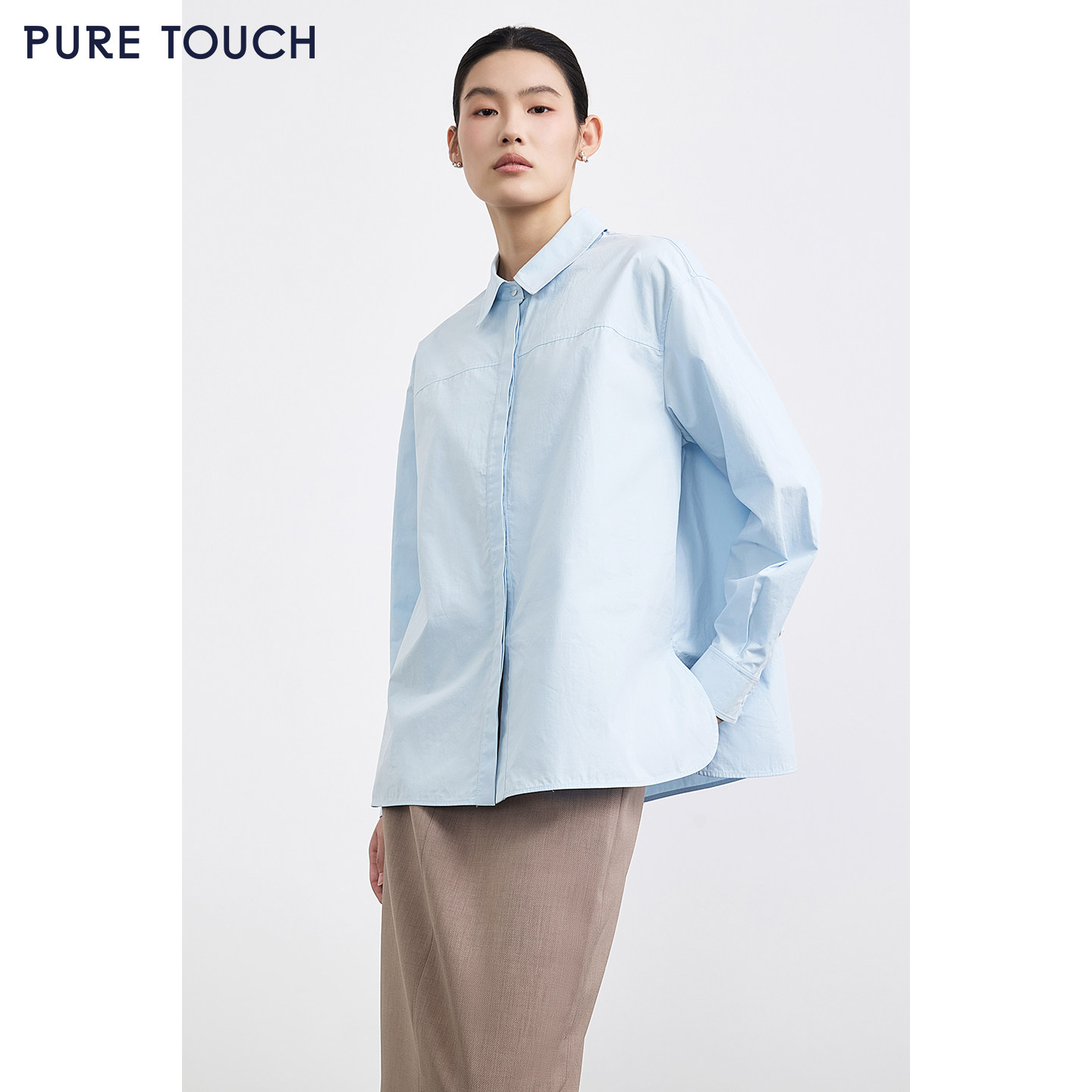 PURE TOUCH女装春夏纯棉长袖衬衫女百搭直筒版型宽松衬衫