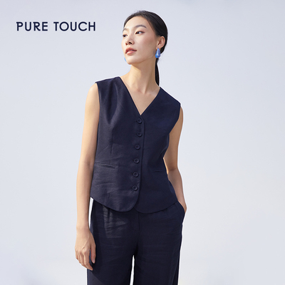puretouch女士含亚麻V领无袖马甲通勤简约时尚百搭上衣藏蓝色马夹