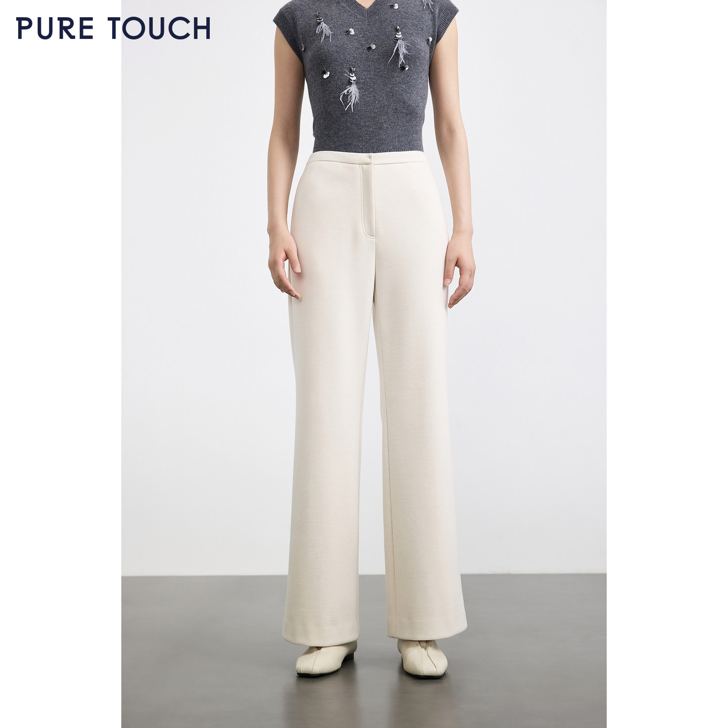 PURE TOUCH女装早春高腰阔腿裤百搭休闲直筒白色长裤商场同款