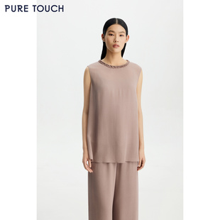 真丝鬼绉桑蚕丝无袖 26春夏新款 上衣系带花边领T恤 TOUCH女装 PURE