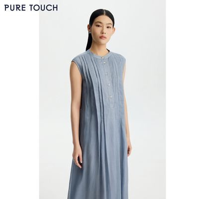 PURE TOUCH26春夏新款无袖连衣裙中长款灰蓝色叠褶通勤过膝长裙