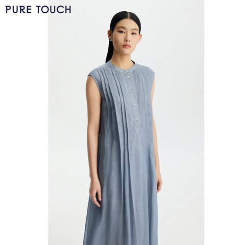 PURE TOUCH26春夏新款无袖苎麻连衣裙中长款灰蓝叠褶通勤过膝长裙