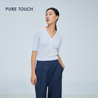 pure touch女士中袖针织衫时尚百搭浅紫V领修身显瘦夏季薄款上衣