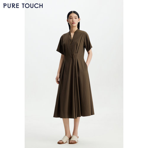 PURE TOUCH26夏新款复古小v领连衣裙解构收腰廓形伞摆中长款长裙