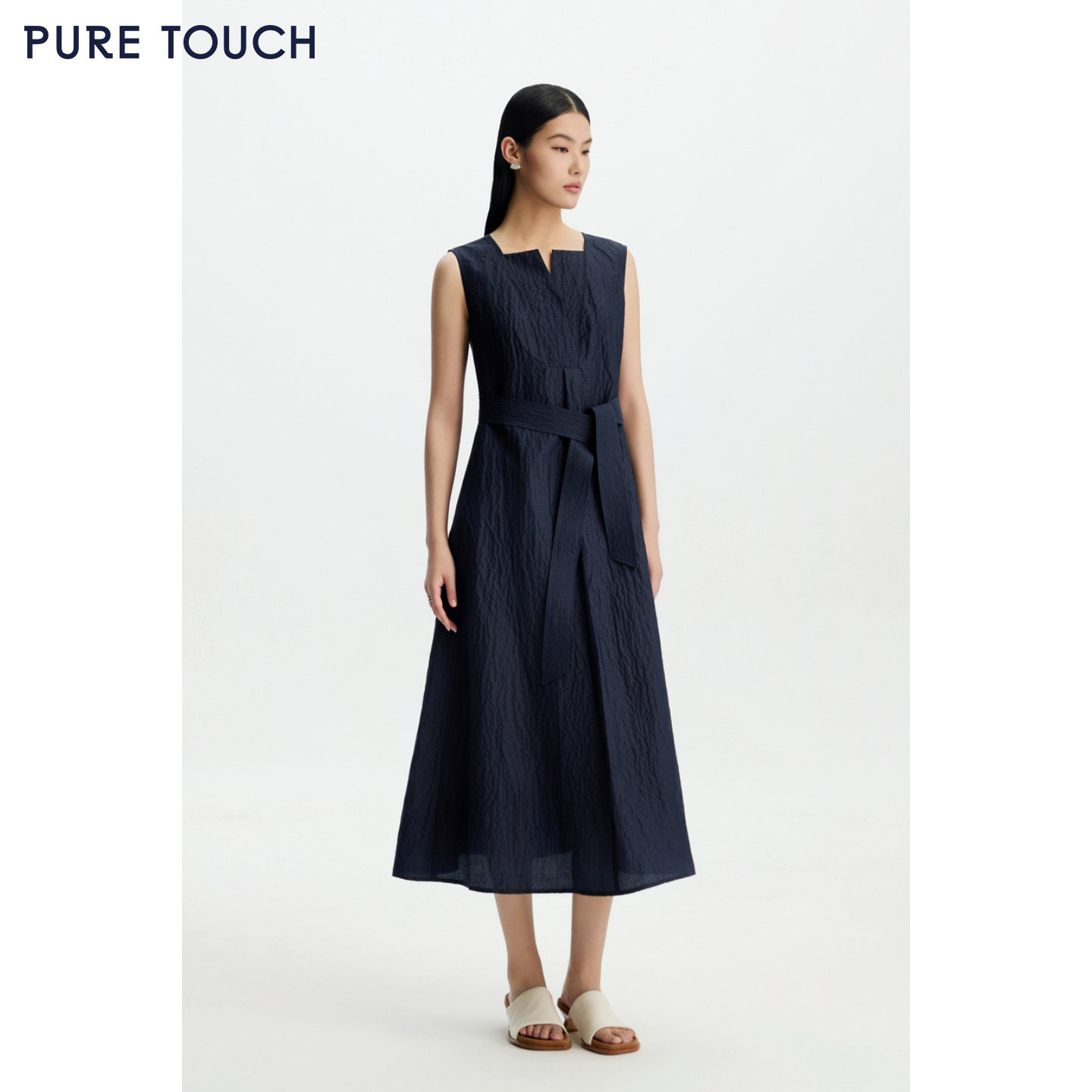 PURE TOUCH26春夏新款泡泡纱方领连衣裙亚麻桑蚕丝无袖收腰中长裙