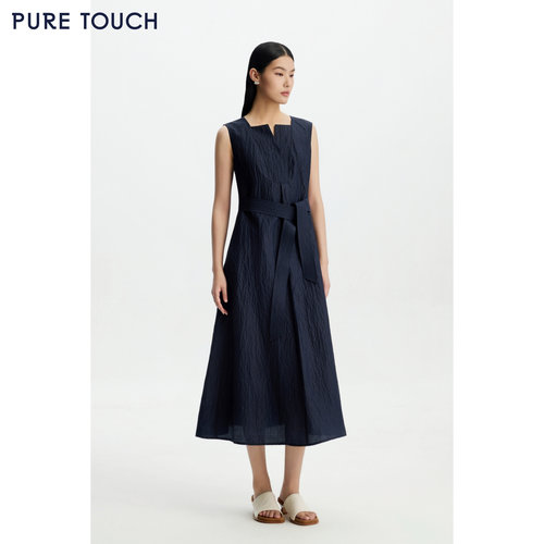 PURE TOUCH26春夏新款泡泡纱方领连衣裙亚麻桑蚕丝无袖收腰中长裙