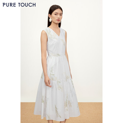 PURE TOUCH 26夏新款无袖印花连衣裙收腰碎花茶歇裙纯棉过膝长裙
