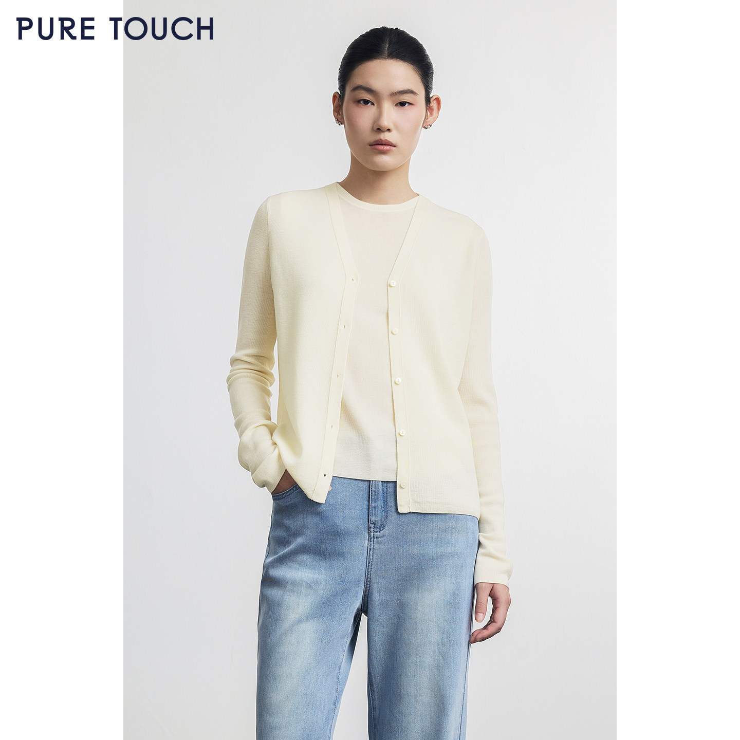 PURE TOUCH女装春夏羊毛针织开衫百搭精纺羊毛开襟衫外搭