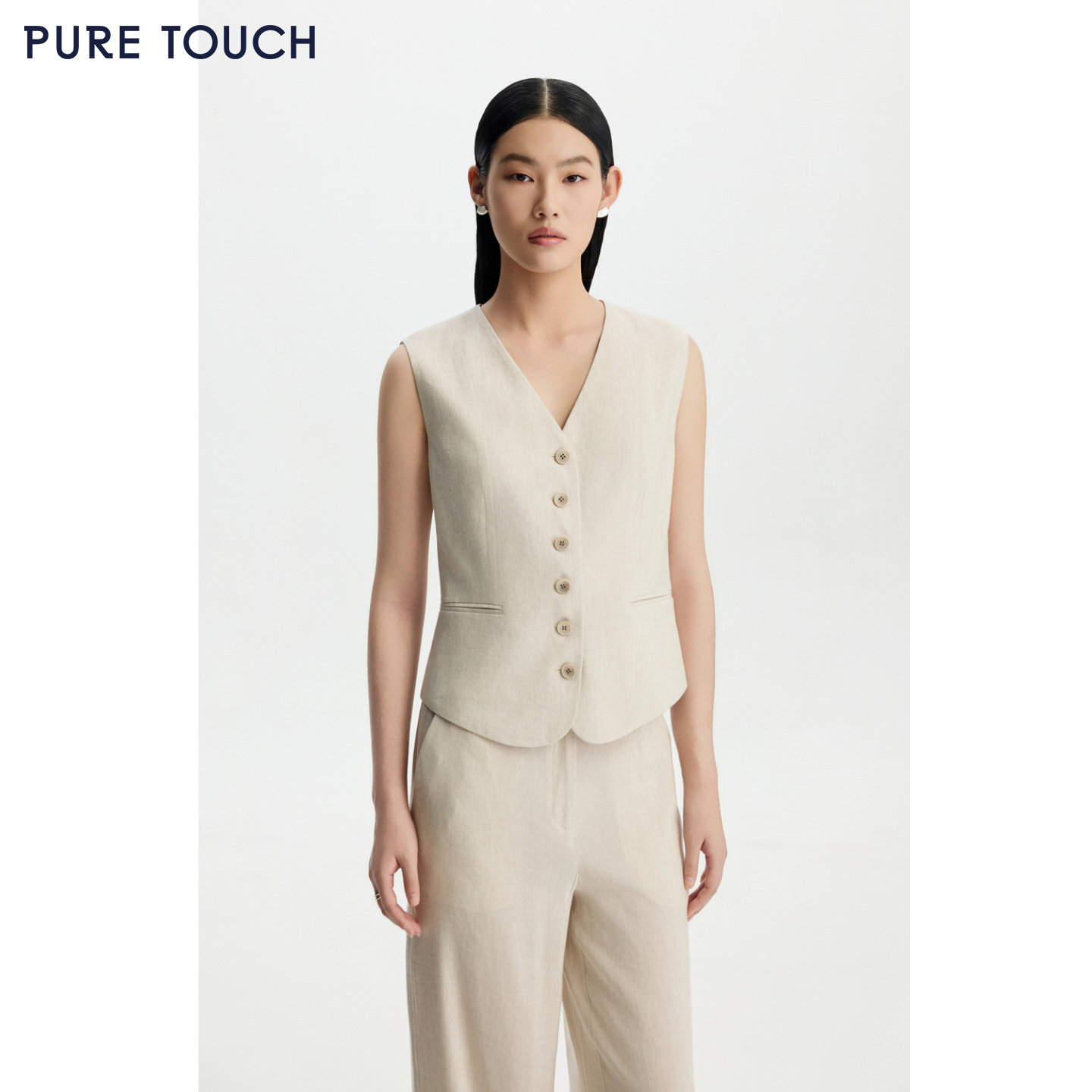 PURE TOUCH 26春夏新款休闲马甲上衣米白色亚麻混纺宽松无袖马夹