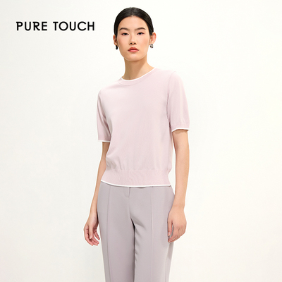 pure touch女士粉色针织圆领短袖T恤简约时尚百搭舒适灰色上衣新
