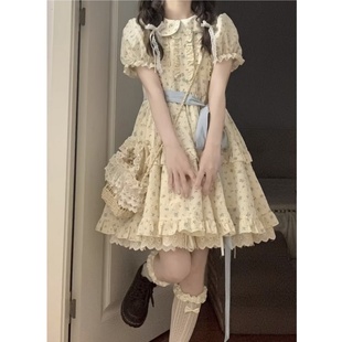 初中学生田园风泡泡袖 女大童甜美碎花娃娃领连衣裙夏季 公主蛋糕裙