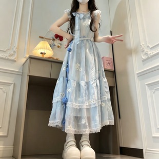 法式甜美蓝色碎花短袖连衣裙夏季初中学生少女大童小个子仙女长裙