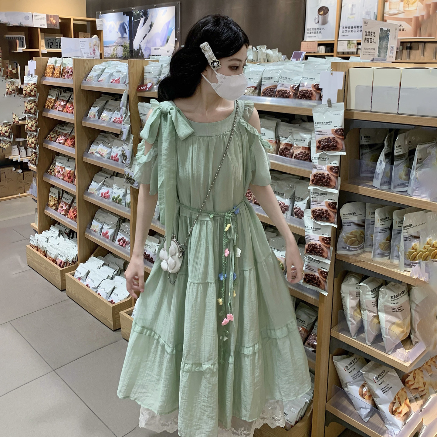 女大童森系绿色蝴蝶结连衣裙夏季初中学生高级感收腰气质仙女长裙