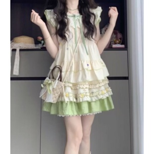 女大童小飞袖连衣裙初高中学生夏日绝美小个子可爱甜美蛋糕裙套装