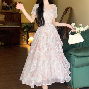法式碎花方领连衣裙2025夏季女大童温柔风初中高中生气质仙女长裙