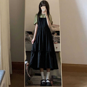 女大童复古连衣裙2025夏季新中式初中学生学院风背带假两件长裙子