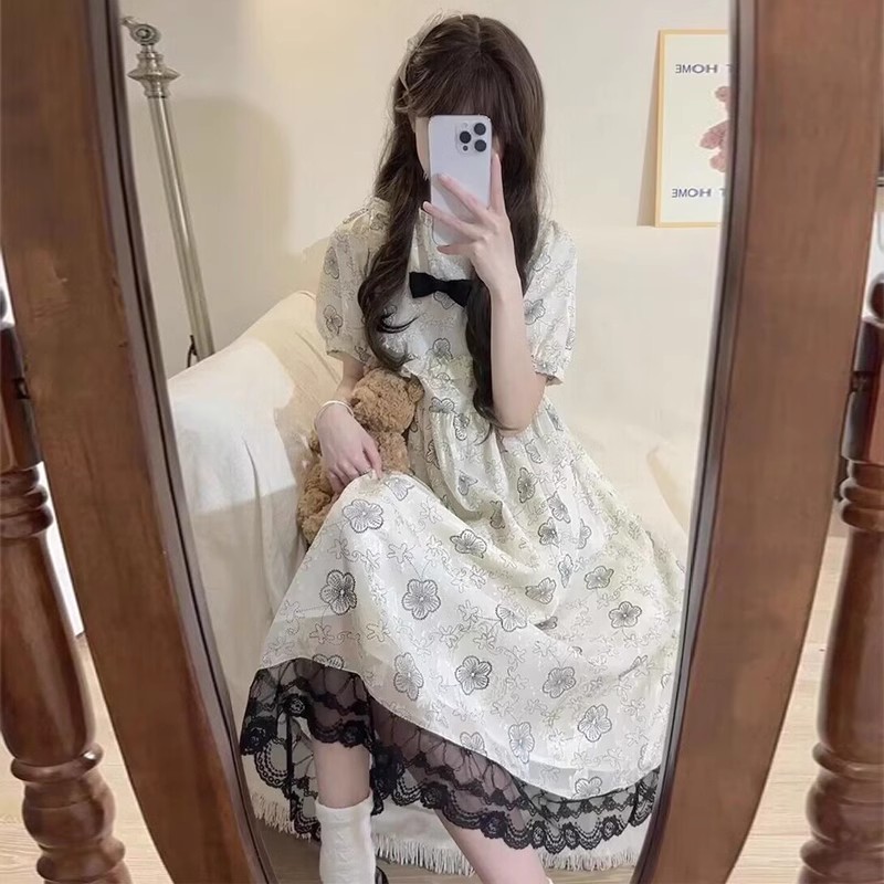女大童森系连衣裙夏季初中生12-15岁胖女孩甜美蕾丝仙气过膝长裙