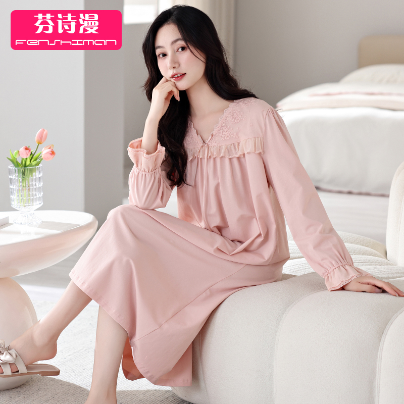 睡裙女春秋纯棉长袖2025新款全棉秋冬薄款长款孕妇蕾丝花边睡衣裙