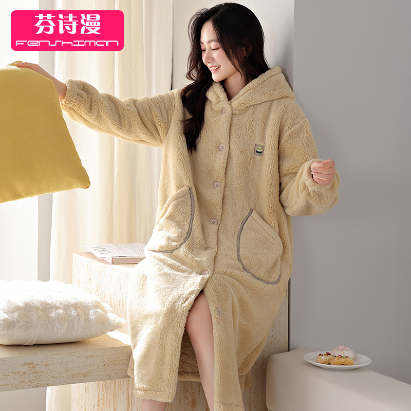 睡袍女士秋冬法兰绒家居服