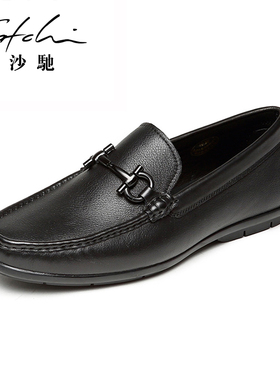 沙驰新潮精品真皮豆豆鞋软底透气舒适男士单鞋一脚蹬牛皮休闲皮鞋