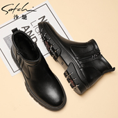 沙驰男鞋 靴真皮短靴棉靴 加绒保暖时装 羊皮毛一体皮靴2025冬季 新款