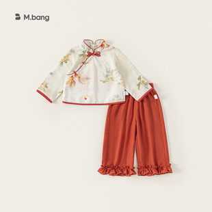 儿童两件套唐装 古风上衣花边长裤 小童汉服 女童国风套装 邦选童装