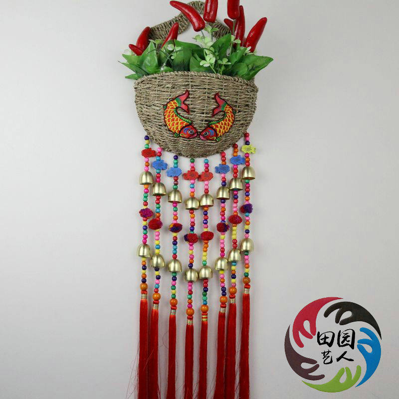 民俗新款云南省特色酒吧茶室餐厅竹编草编花篮挂件风铃家居装饰品