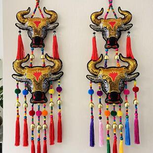 云南彝族绣花牛头挂件风铃挂饰餐厅客厅民俗茶室壁挂软装布艺饰品