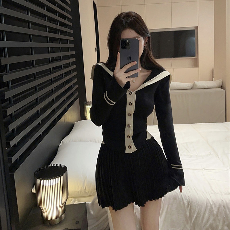 가을 신상 시크 보텀 네이비 칼라 가디건 탑 + 플리츠 스커트 여성을 위한 패셔너블한 니트 슈트