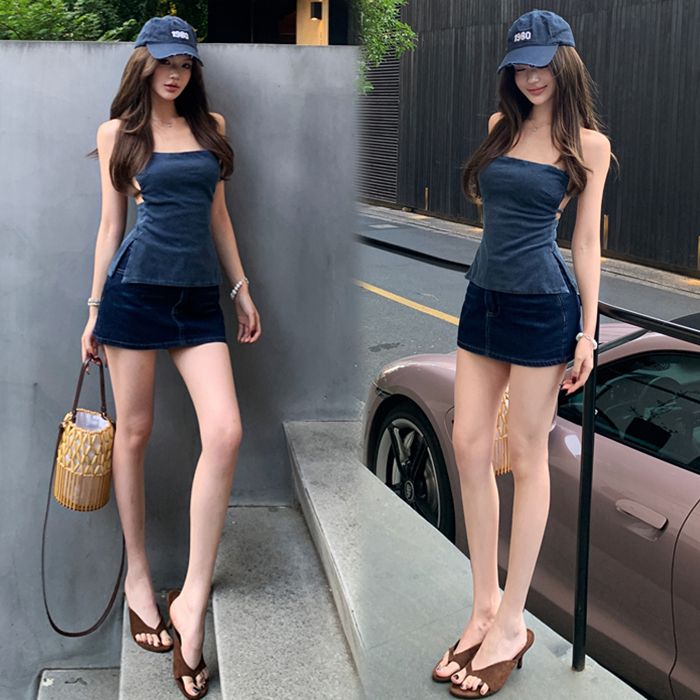 炸街辣妹牛仔套装女2025夏新款性感露背吊带背心高腰包臀牛仔短裙