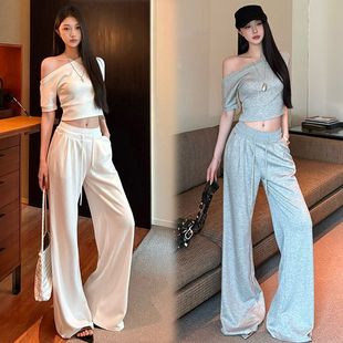 休闲运动套装 女2025夏新款 性感斜肩露脐短袖 T恤高腰显瘦阔腿长裤