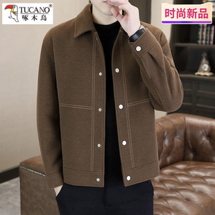 啄木鸟高品质秋冬毛呢夹克男装保暖外套厚潮流明线翻领百搭上衣帅