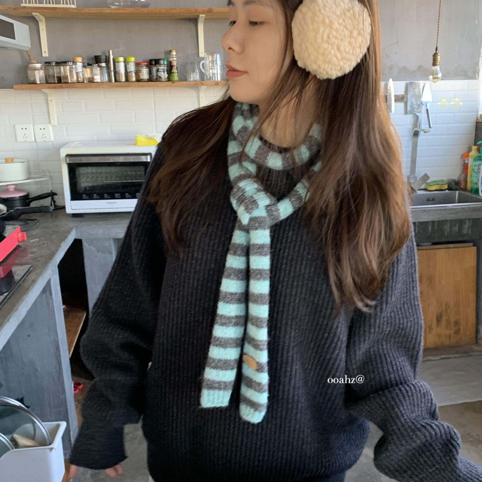 腊肠主题~秋冬条纹穿搭凹造型小围巾羊毛线针织细长时髦撞色围脖