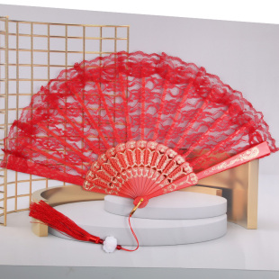 抖音同款古典洛丽塔蕾丝扇子旗袍走秀拍照折扇蕾丝中国风红色扇子