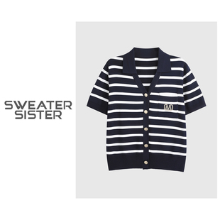 百搭翻领拼色条纹T恤女031 针织开衫 9850 小香风短袖 毛衣姐姐