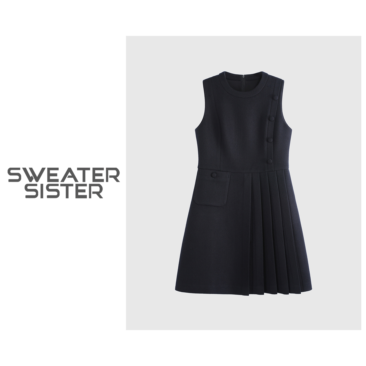 毛衣姐姐 设计感毛呢圆领连衣裙优雅小众单边压褶裙子6677-25215