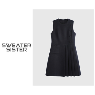 毛衣姐姐 25215 设计感毛呢圆领连衣裙优雅小众单边压褶裙子6677