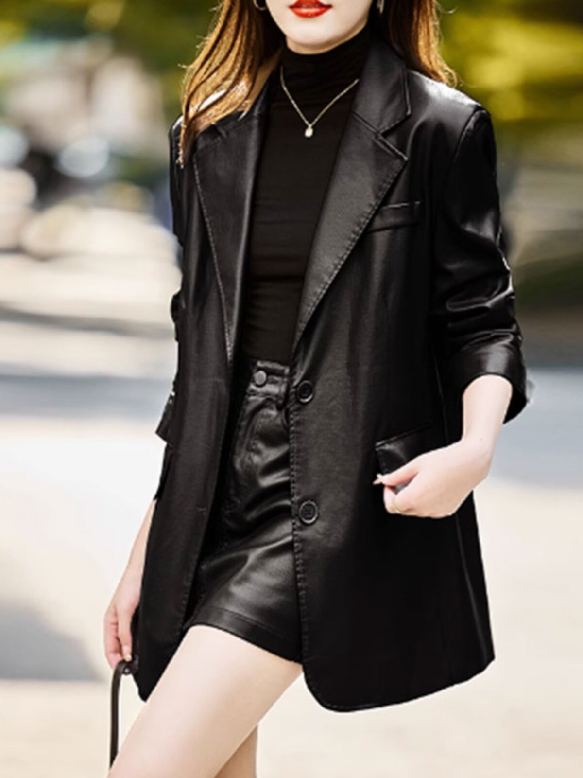 高级感皮衣西装外套女中长款韩版宽松春秋新款西服皮风衣休闲女装