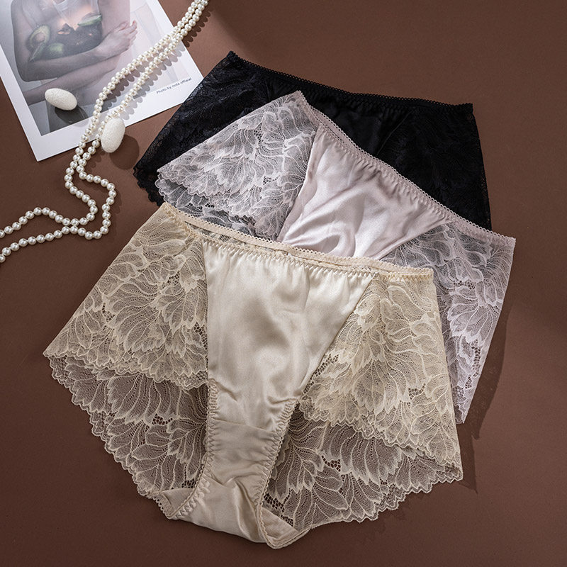 缕梵真丝弹力缎超薄中腰女士内裤 桑蚕丝蕾丝性感包臀三角短裤,女士内衣/男士内衣/家居服,女三角裤,淘宝优惠券,粉丝福利购,淘宝优惠卷