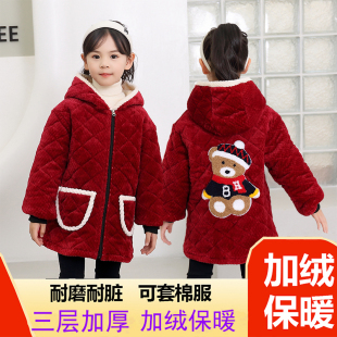 儿童罩衣加绒加厚女孩中大童围裙长袖 保暖防脏护衣羽绒服外套连帽