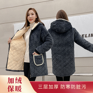 秋冬季成人罩衣加层夹棉加绒加厚羽绒服保暖工作服外套厨房围裙