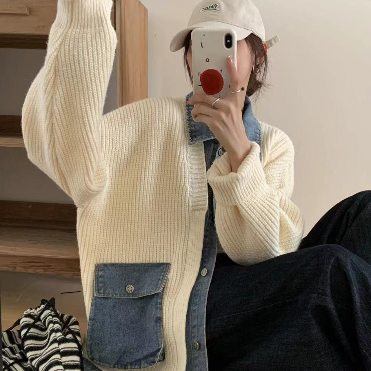秋冬牛仔拼接翻领毛衣女宽松休闲