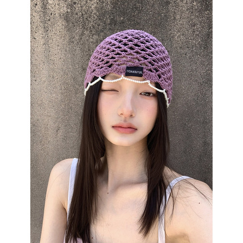 迷雾紫镂空珍珠串珠设计针织帽