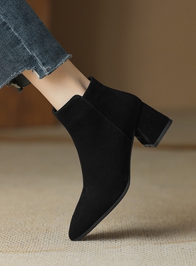 秋冬新款侧拉链短靴女粗跟圆头百搭高跟单靴磨砂翻毛皮中跟裸靴女