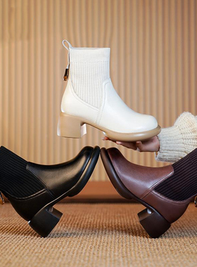 意尓康瘦瘦马丁靴女厚底复古弹力短靴女粗跟松糕英伦风休闲袜子靴