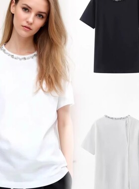 MC短袖T恤2025春新品棉质手工钉钻露背捏褶圆领白色MBE1TEET04