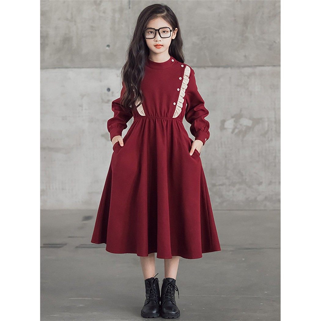 法国中大女童长袖连衣裙2025休闲中长款裙子女孩洋气秋冬亲子装潮