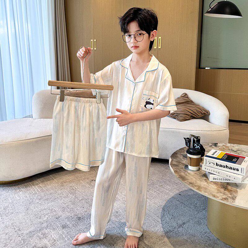 法国Uamtor男童睡衣夏季新款中大童男孩家居服冰丝空调服三件套装