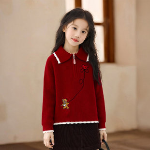 法国BADNUT女童保暖毛衣2025冬季新款儿童polo领红色新年加厚上衣